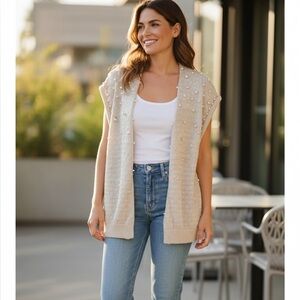 Gabani Vintage Medium Sweater Vest Cream Pearls Button Retro Angora Wool Blend